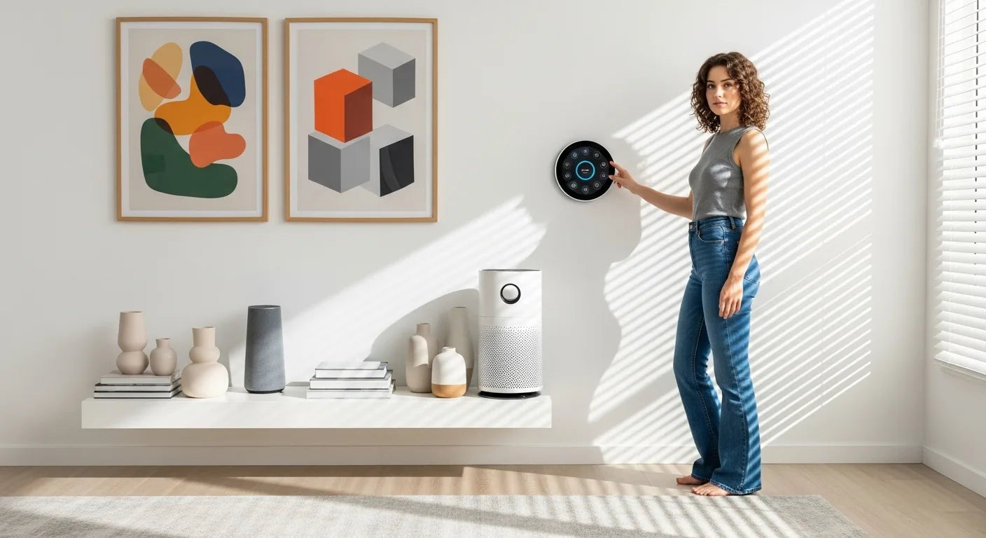 Woman interacting with a smart home device in a modern living room.