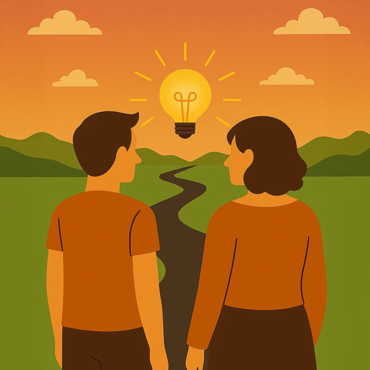 Two people standing on a path with a light bulb in the sky, symbolizing an idea or solution.
