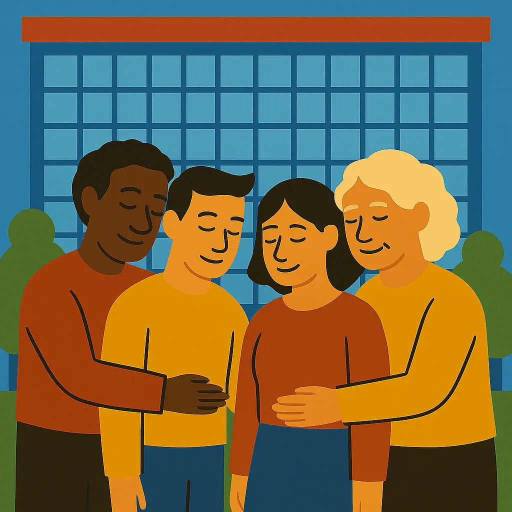 Illustration of four people standing together with a blue building in the background