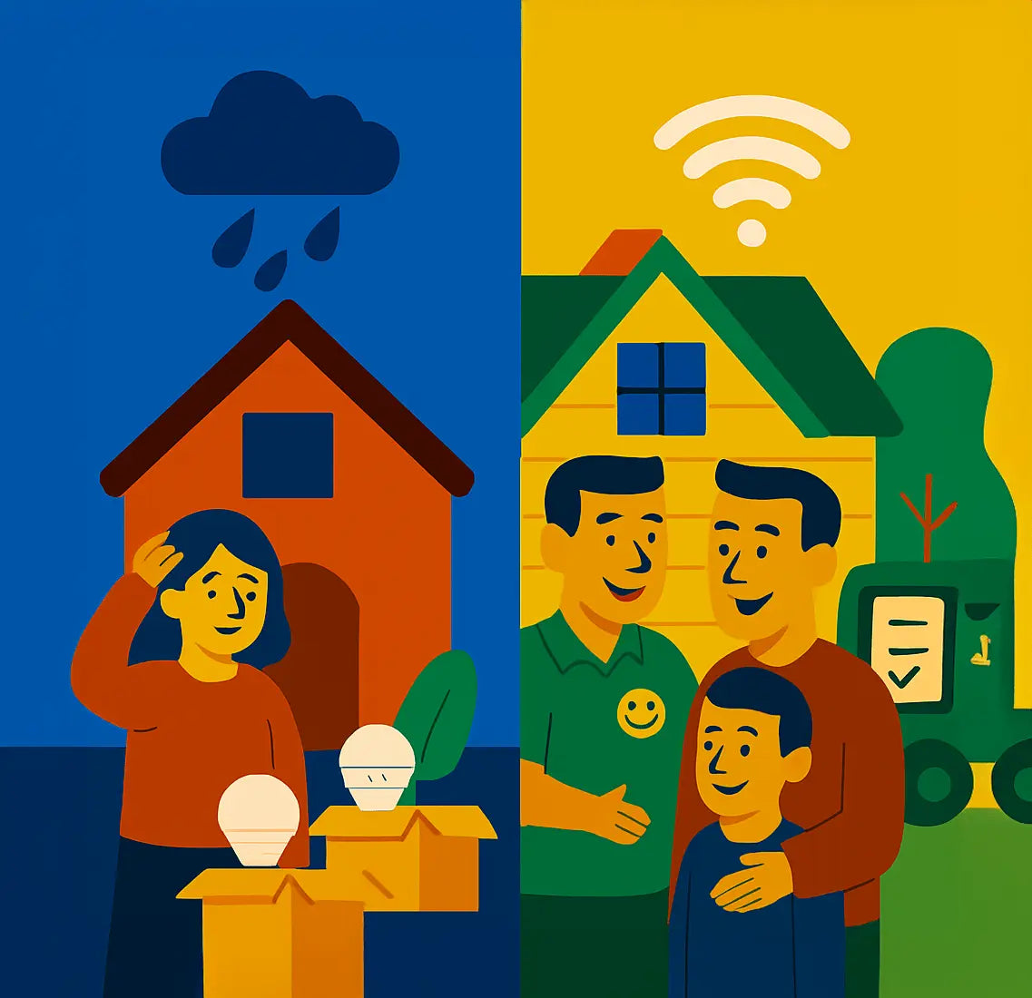 Illustration of a person with a light bulb under a raincloud next to a family with a house and Wi-Fi symbol.