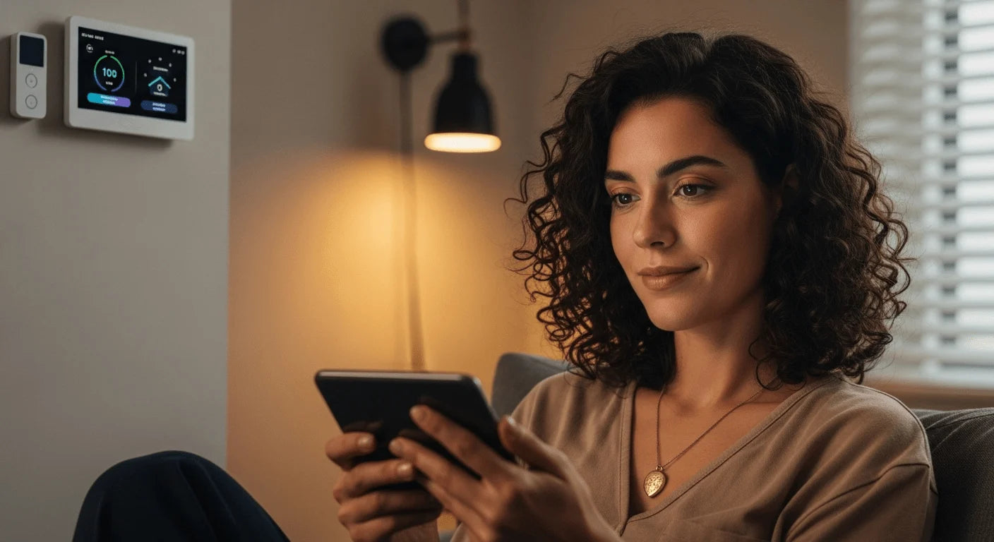 Woman controls here home with her smartphone.