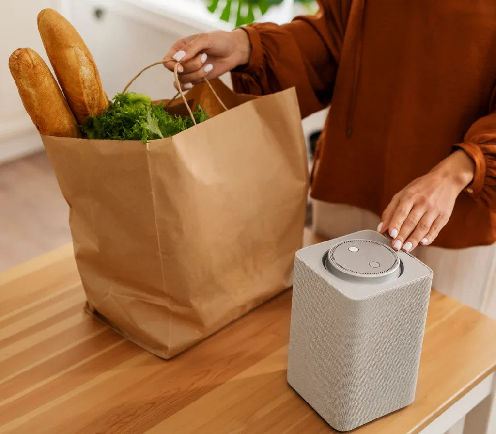 Woman Controls her Kitchen via her smart speaker