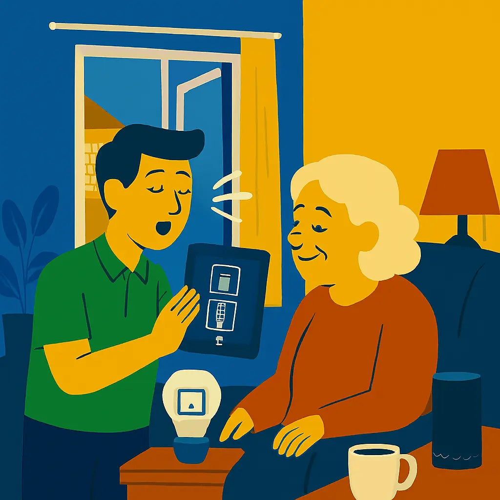Illustration of a younger person showing an elderly person a digital device with a light bulb icon, sitting in a cozy room.
