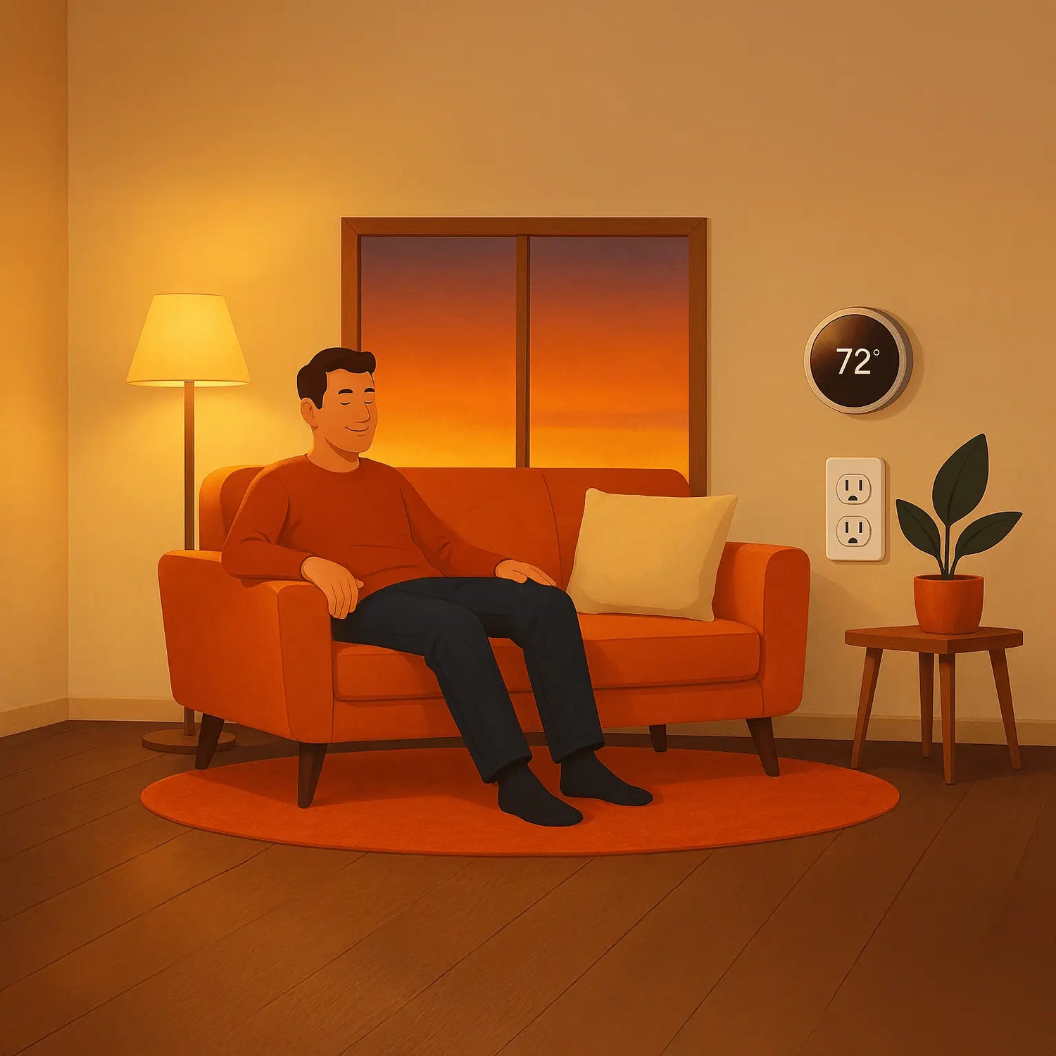 Man sitting on an orange couch in a warmly lit living room.