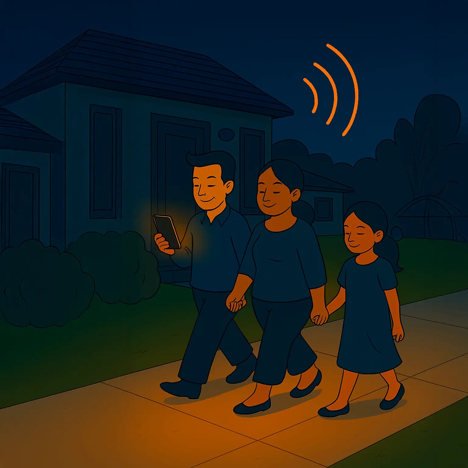 Family walking outside a house at night with a smartphone, illuminated by a security light.
