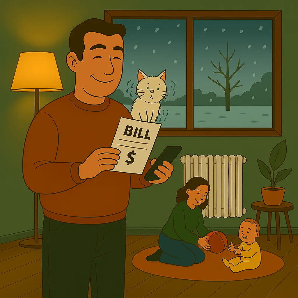 Man holding a bill, woman and child playing in a cozy living room.